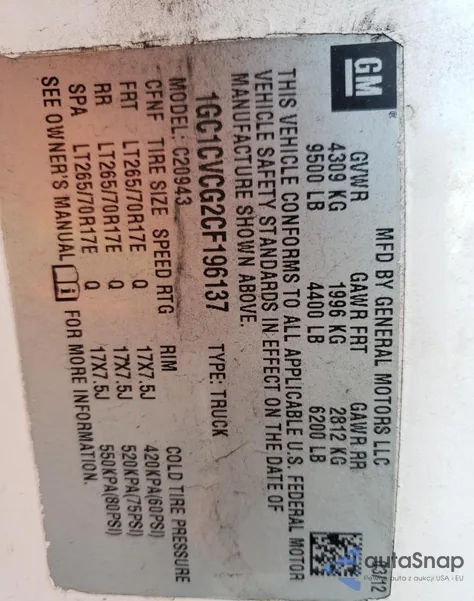 2012 Chevrolet Silverado C2500 Heavy Duty z USA, uszkodzony, nr VIN 1GC1CVCG2CF196137